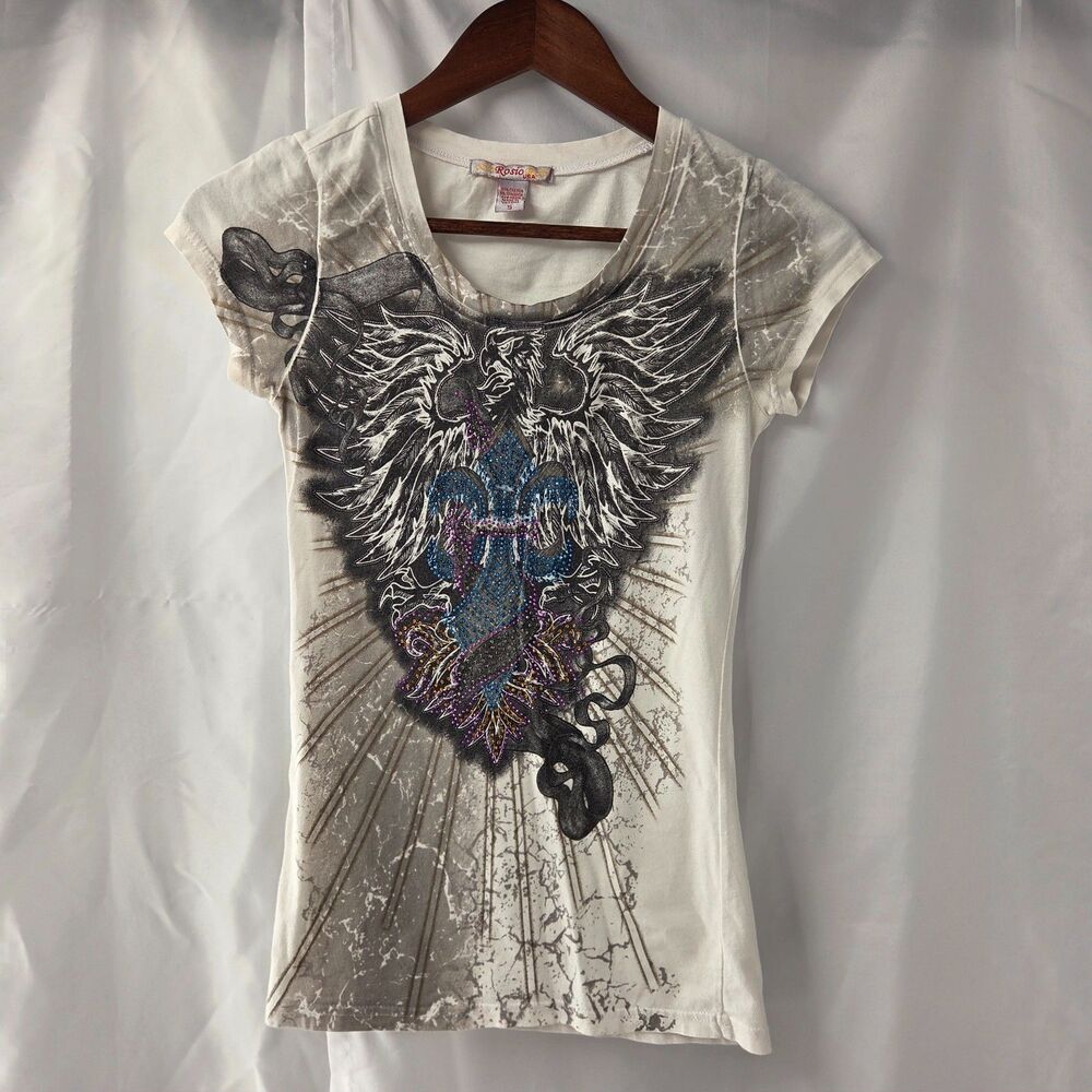 VTG Rosio USA Y2K Rhinestone Wing Fleur De Lis Baby Tee Shirt S Mall Goth Small
